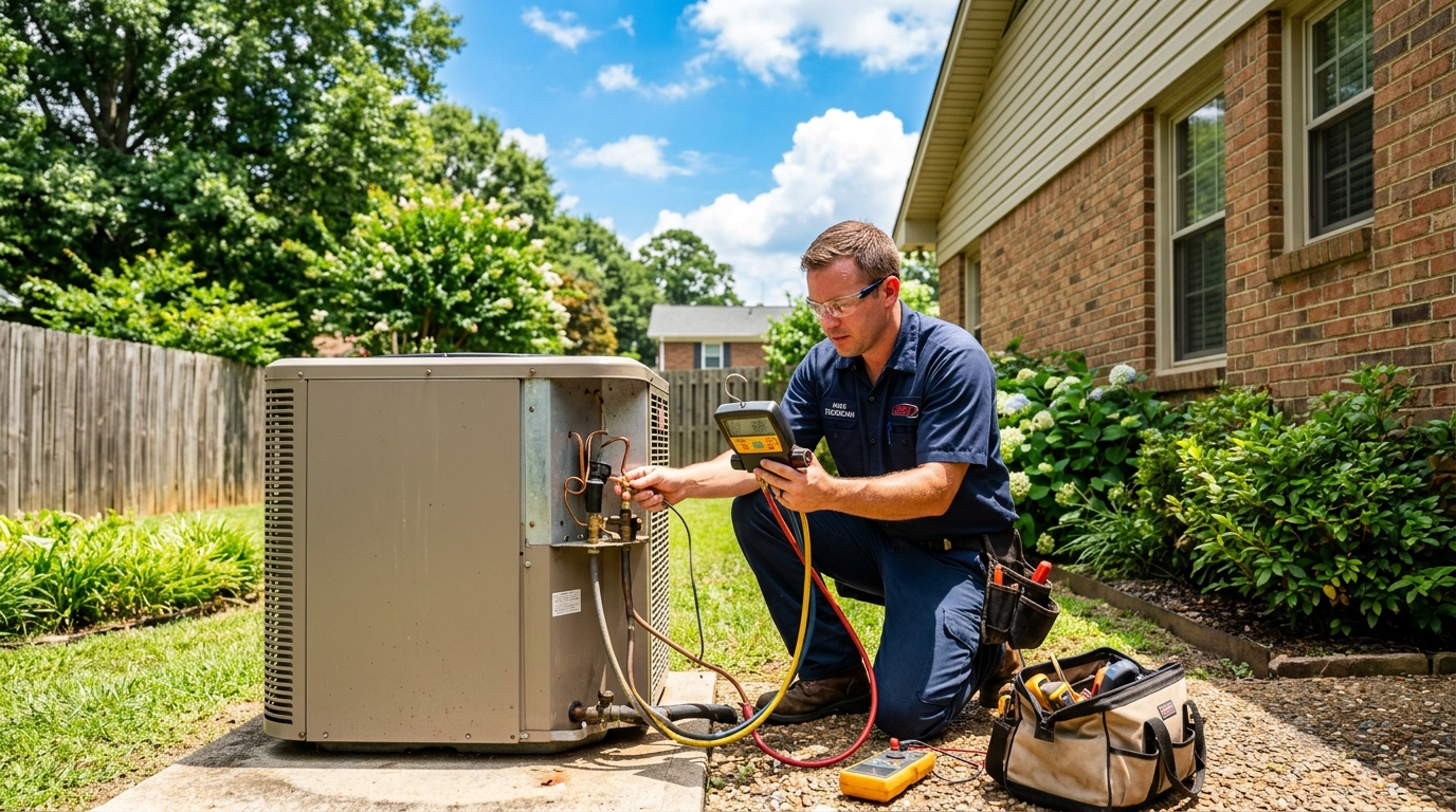Professional HVAC technician diagnosing an air conditioning unit at a Birmingham Alabama home on a summer day