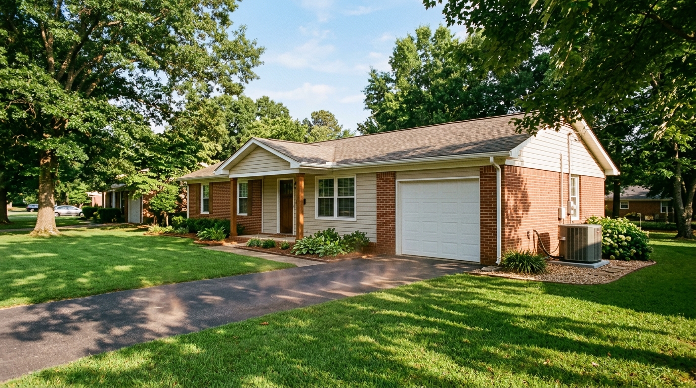 Calera AL suburban home in summer afternoon light with outdoor AC condenser unit