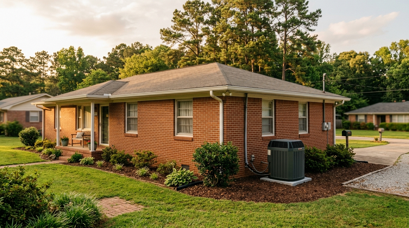 Brick ranch home in Chelsea AL with outdoor AC condenser unit in side yard