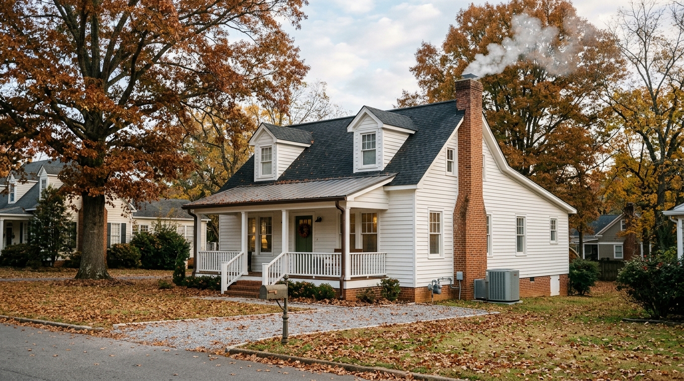 Columbiana AL home in autumn light with smoke rising from chimney and outdoor HVAC condenser visible