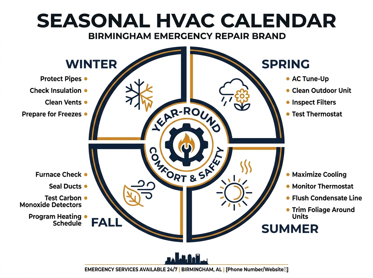 Birmingham Alabama seasonal HVAC calendar showing when to schedule maintenance