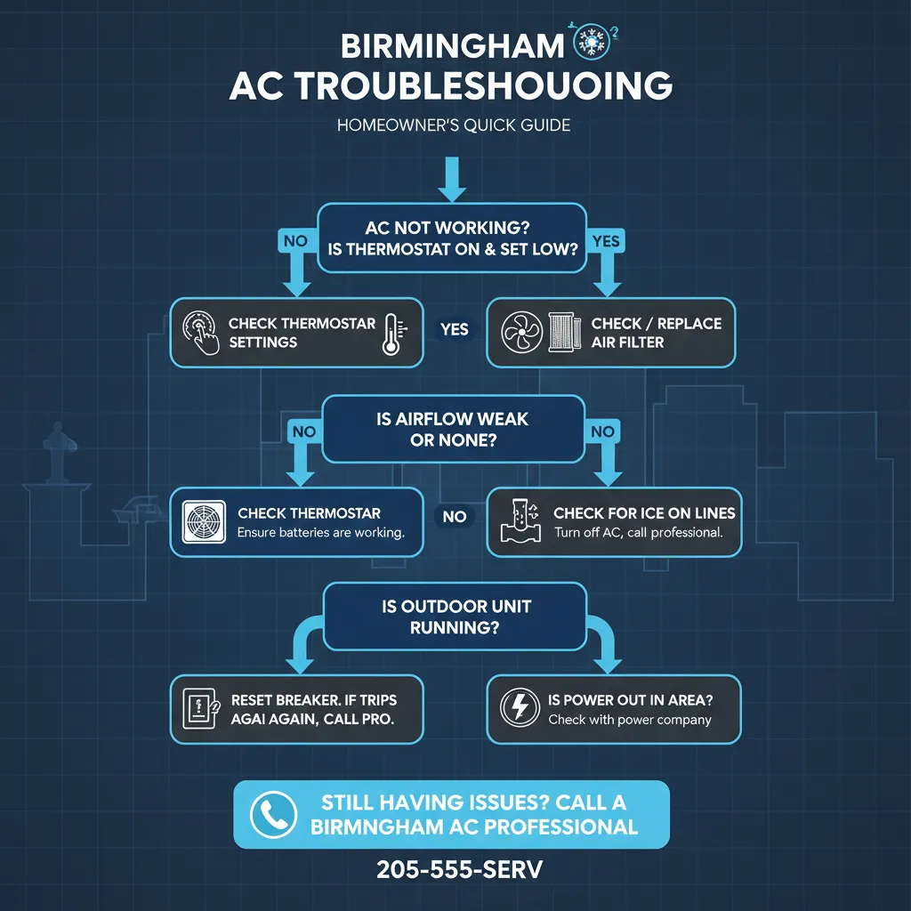 AC troubleshooting guide infographic for Birmingham Alabama homeowners - steps to diagnose warm air blowing from AC