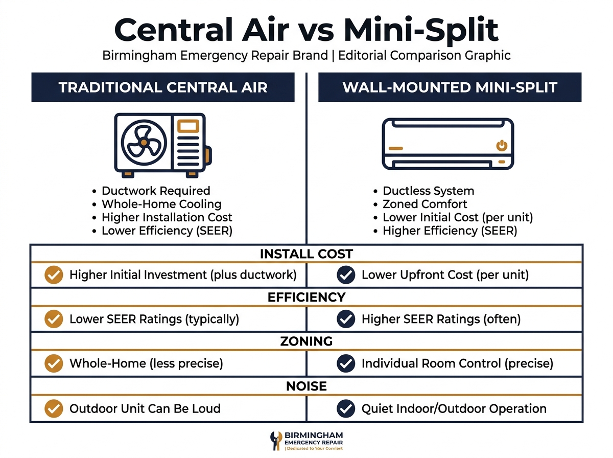 Infographic comparing central air conditioning versus ductless mini split systems for Birmingham homes