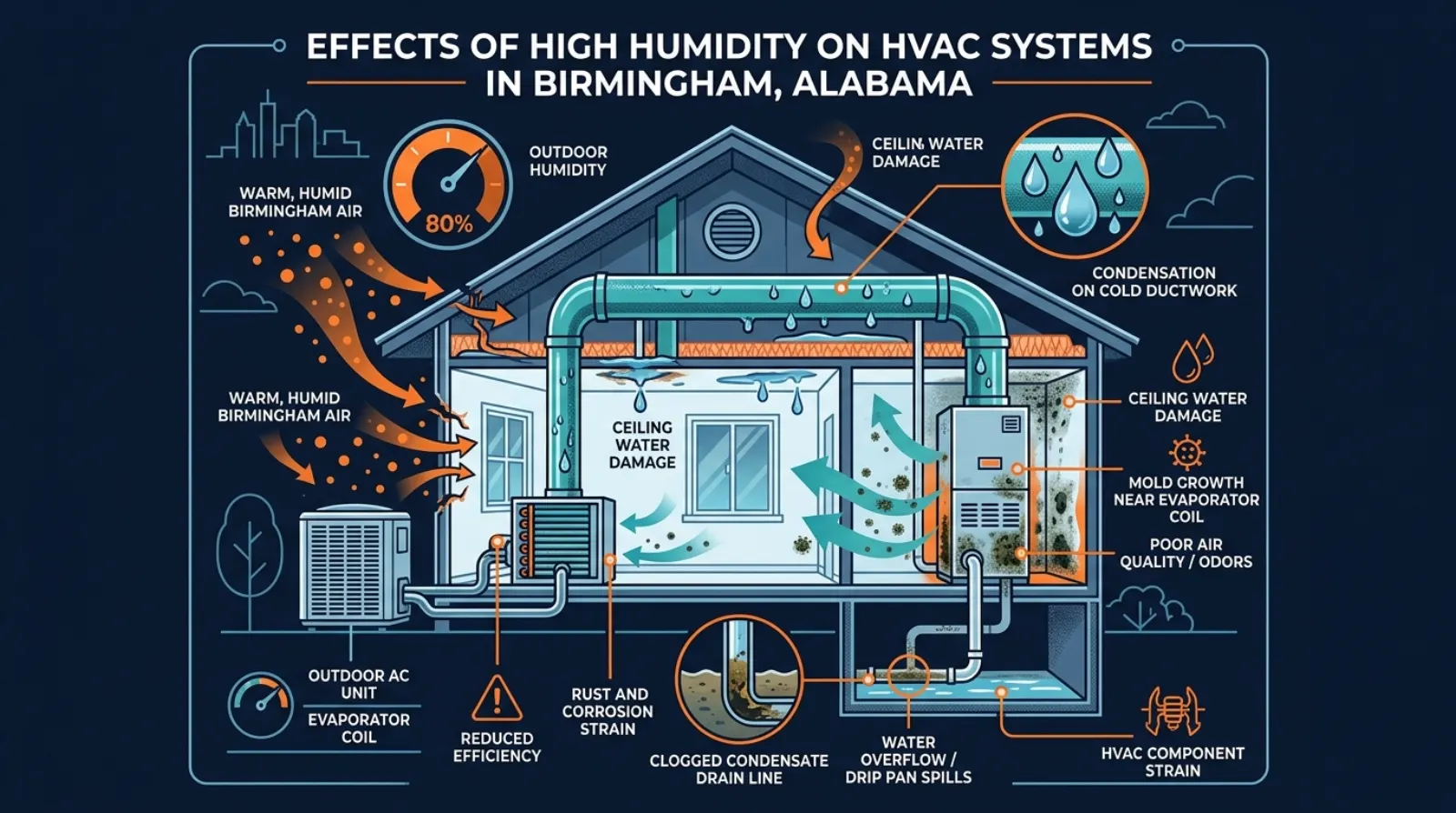 Infographic showing effects of high humidity on HVAC systems in Birmingham Alabama including condensation, clogged drain lines, and mold growth