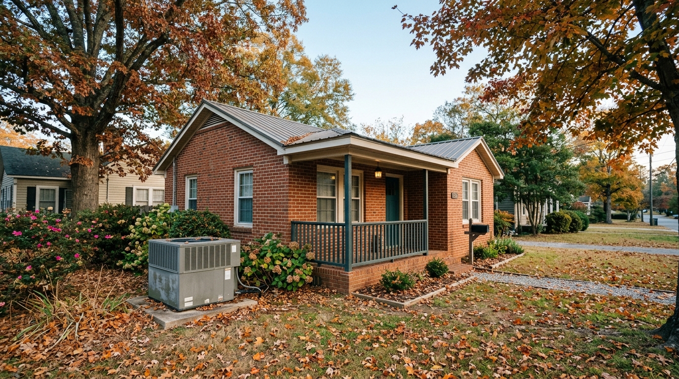 Montevallo AL brick cottage in autumn with side-yard heat pump unit