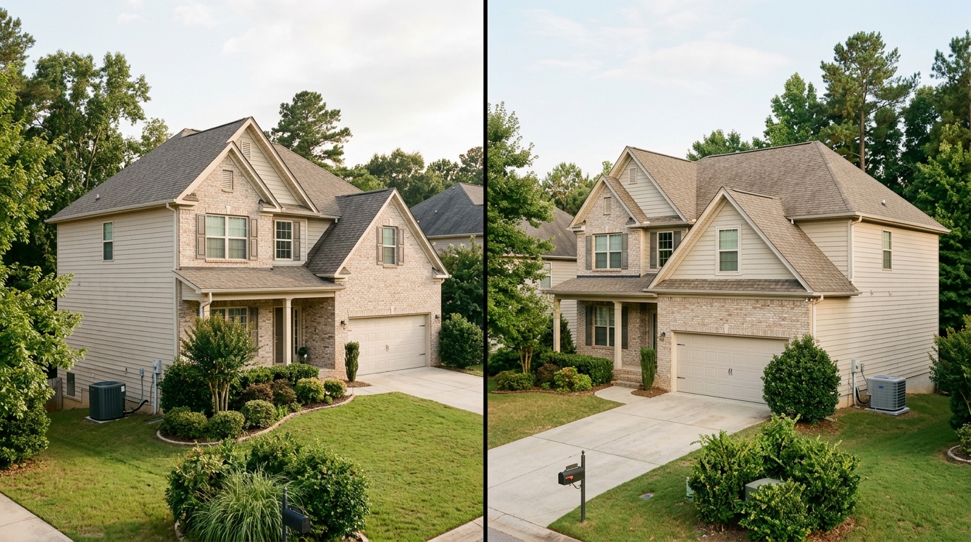 Side-by-side Pelham and Hoover AL suburban homes with outdoor AC condensers
