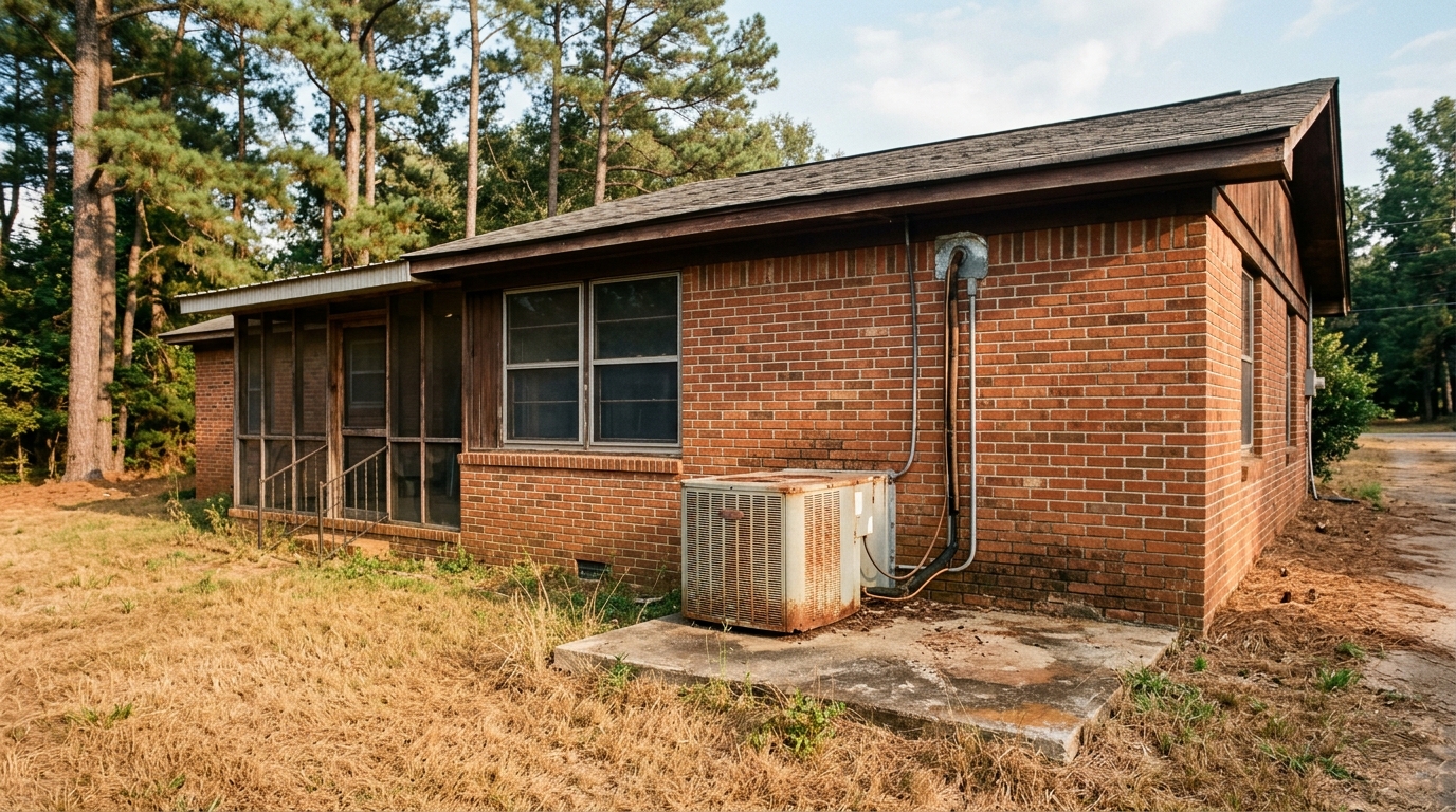 1970s Sylacauga AL brick home with aging outdoor AC condenser unit on weathered concrete pad