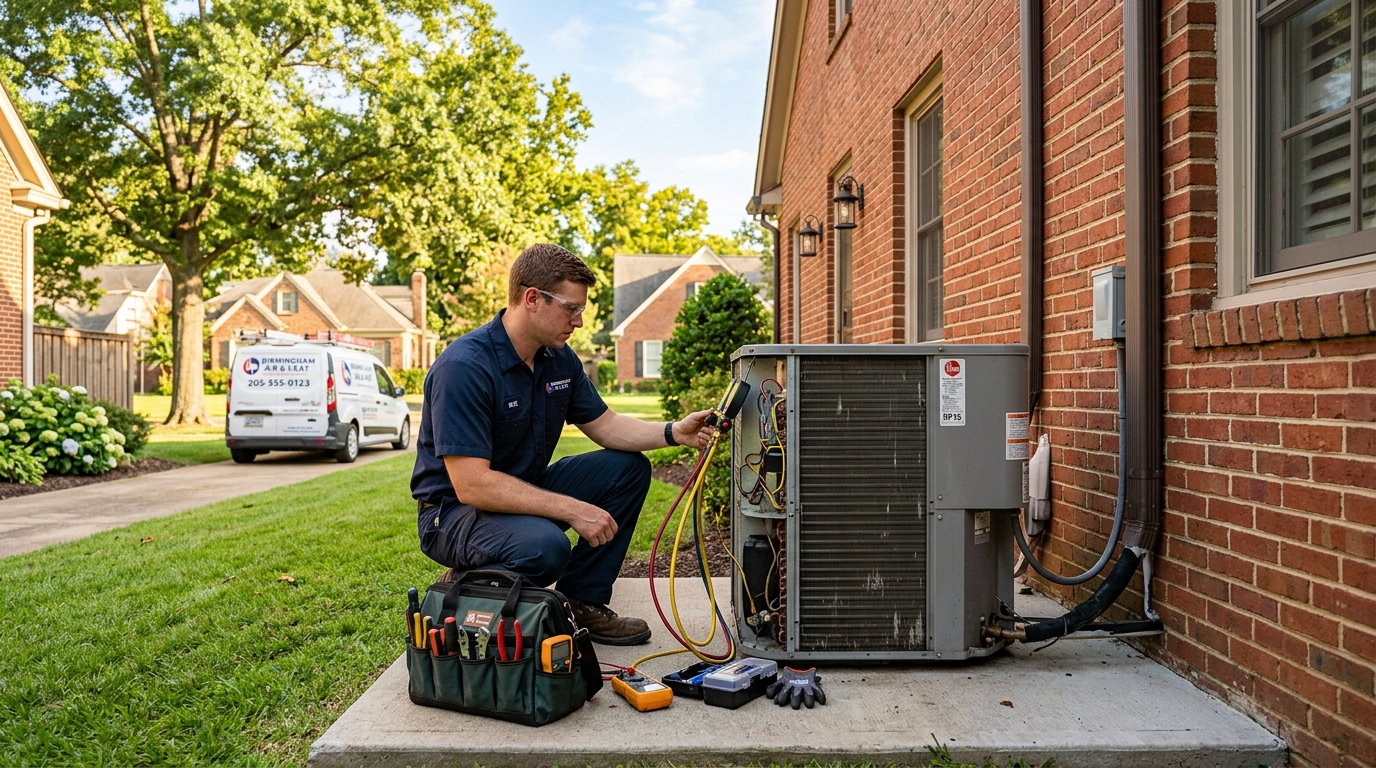 Birmingham Heating and Air Conditioning service truck at east Birmingham home