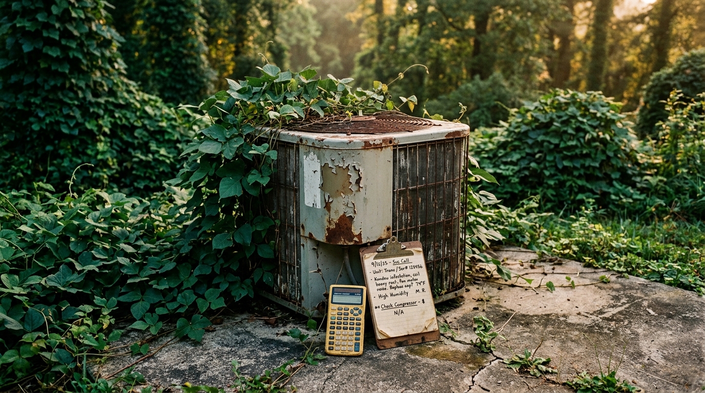 Replacement vs Repair Calculator hero — aged condenser unit overgrown with kudzu